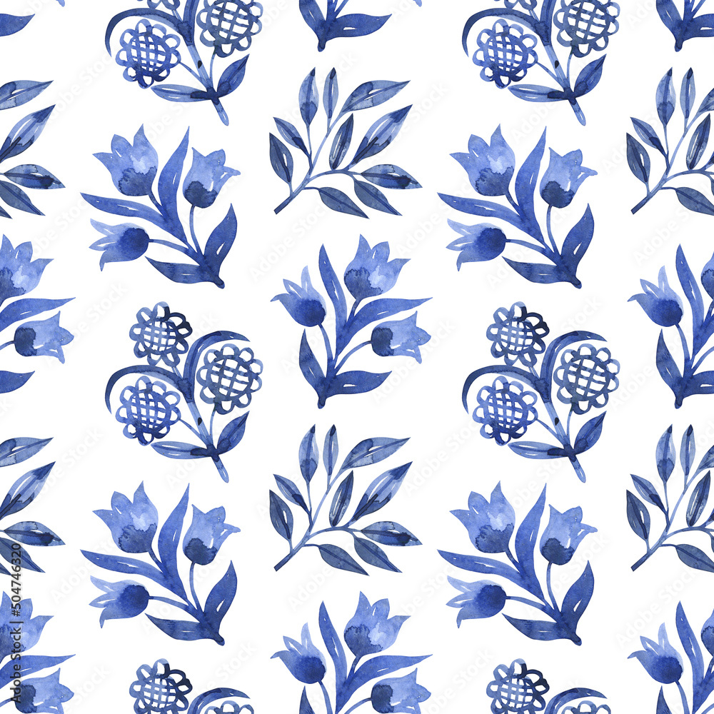 Fototapeta premium Watercolor seamless pattern with floral motifs in folk style. Blue watercolor flowers and branches in ornamental style background. Printing on fabric, wallpaper, textiles.