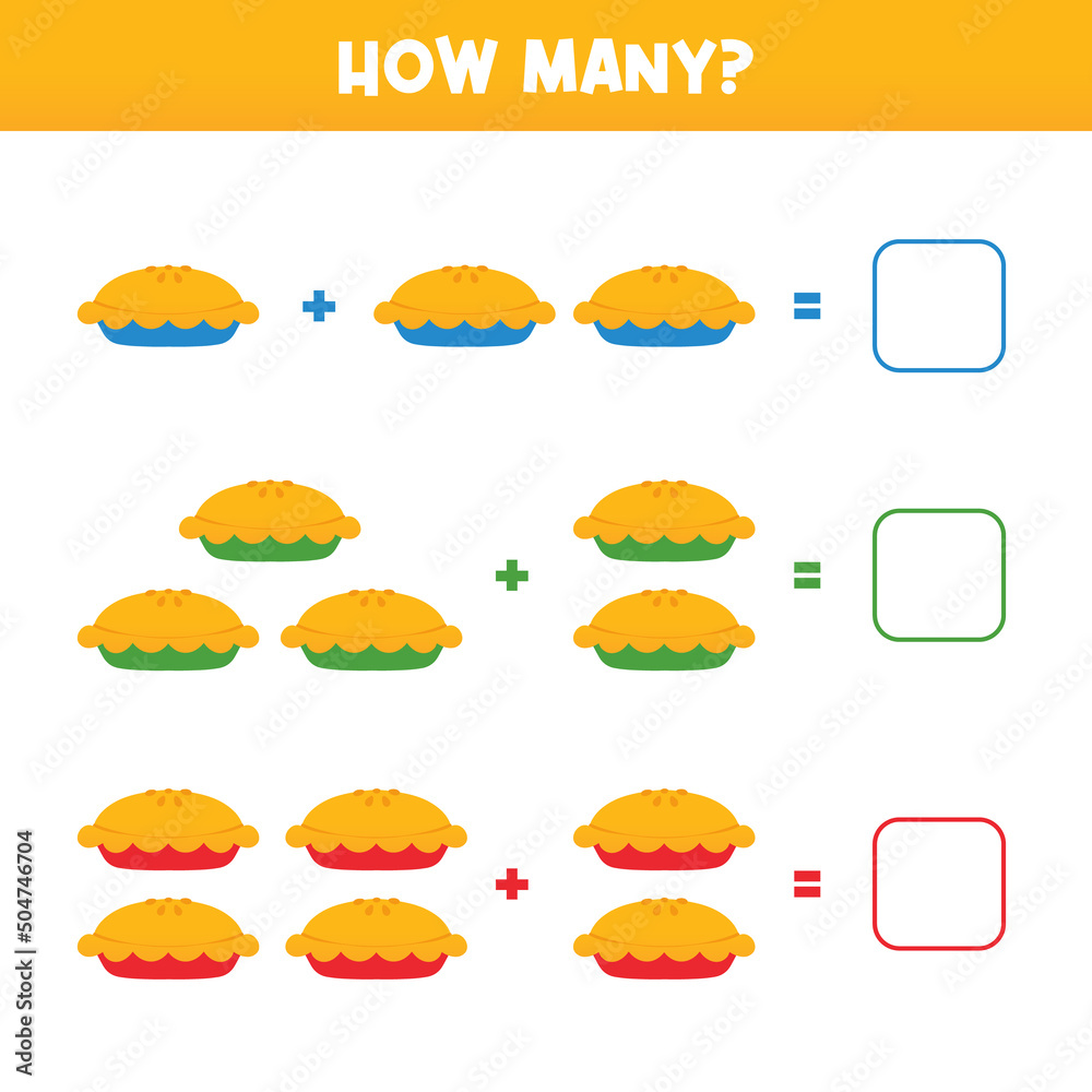 Educational game for kids, children. How many pies. Gamebased math