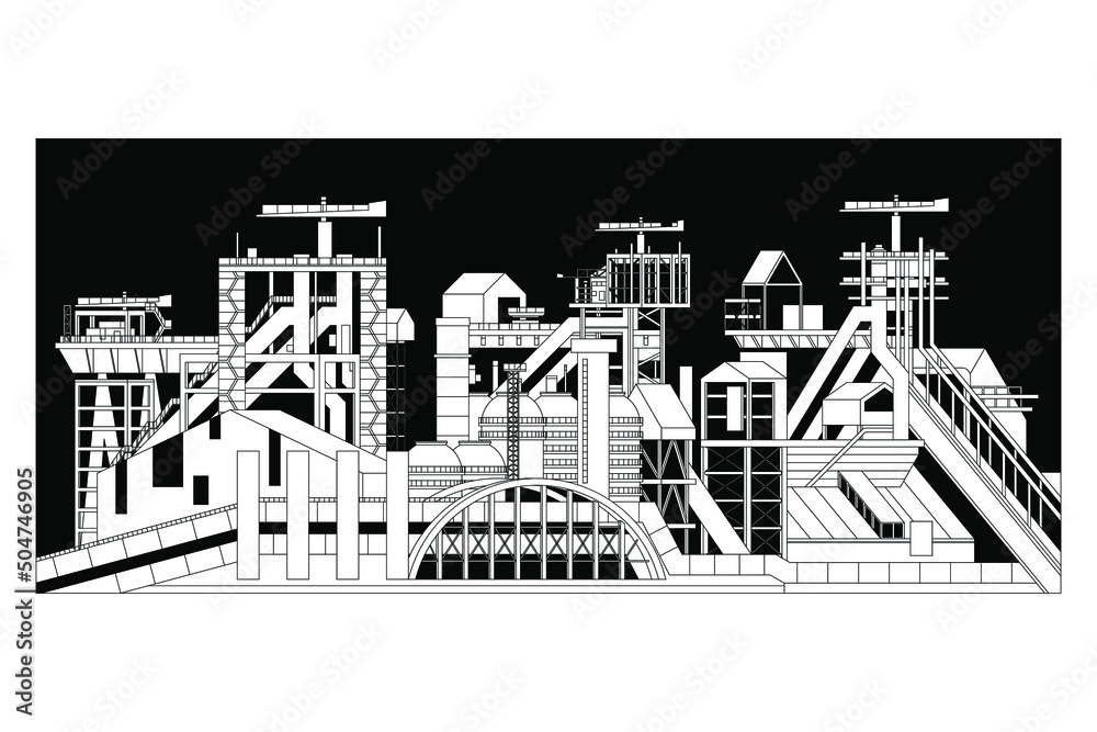 Vector sketch of a manufacturing industrial plant or factory