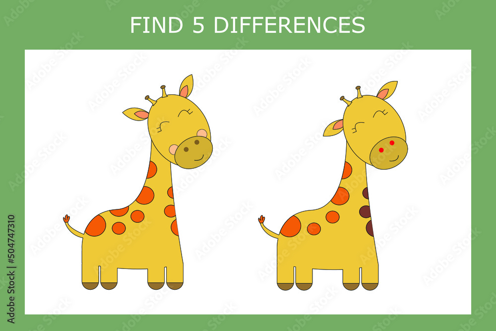 Educational game for children. Find 5 differences between giraffes and circle them Educational game for children. Find 5 differences between giraffes and circle them
