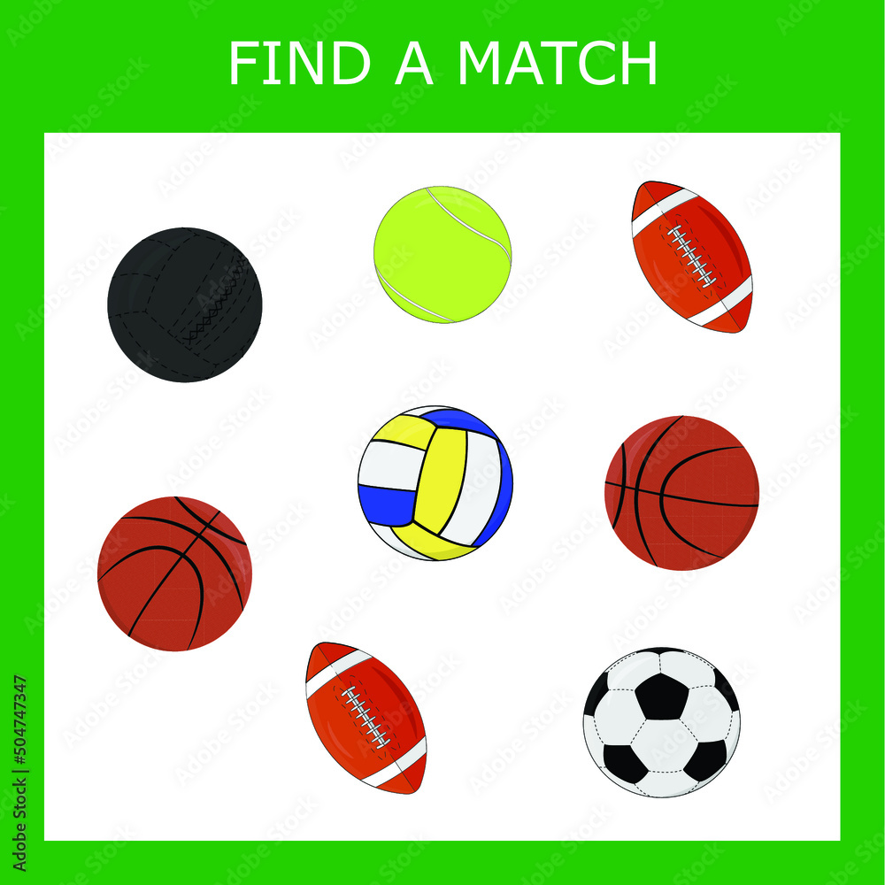Find a pair between sports equipment. Preschool worksheet, worksheet for kids, printable worksheet