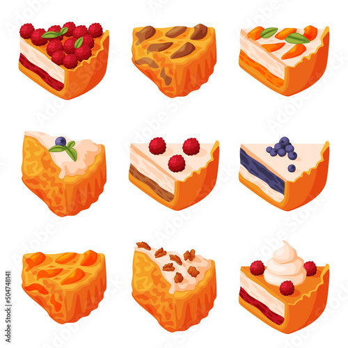 Cut Piece of Baked Pie with Sweet Filling and Shortcrust Pastry Vector Set