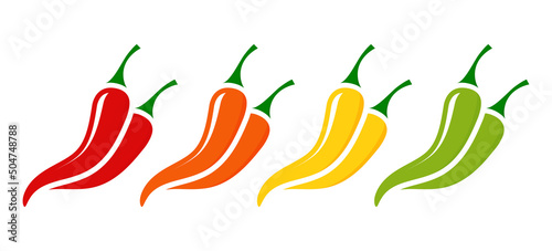 Red, orange, yellow and green chilli pepper icon isolated on white background