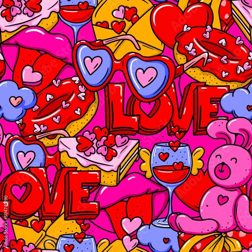 Love seamless pattern with red letters, sweets, donuts, hearts. Valentine's day romantic cute design. Doodle, cartoon style.