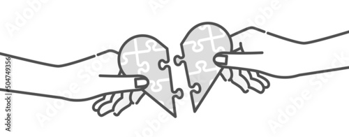 A hand holding a piece of a heart puzzle. Illustration of communication.