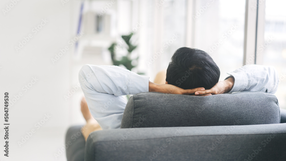 Rear view of adult man relax on sofa couch at home