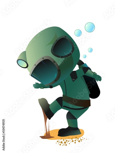 Diver in retro scuba gear stepped on dirt. Guy in underwater suit bottom of pond. Funny cartoon style. Extreme sports. Person in lake or sea. Isolated on white background. Vector