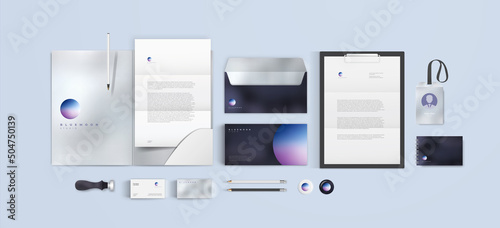 Corporate branding template with smooth gradient logo, dark and light stone backgrounds and minimal style. Blue, gray and violet color gamma. Set of stationery elements: folder, A4 form, letter, card.