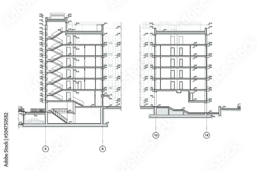 Multistory building detailed architectural technical cross section drawing, vector blueprint