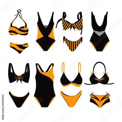 Women's swimsuit. A set of bathing clothes in black and yellow. Vector set