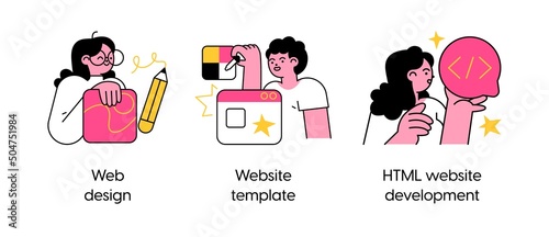 Website design and development- set of business concept illustrations. Web design, Website template, HTML website development. Visual stories collection