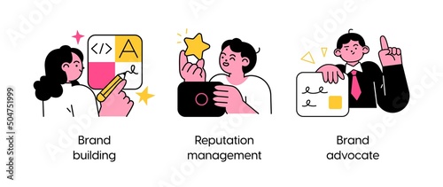 Strategies for Managing and Improving Brand Reputation - set of business concept illustrations. Brand building, reputation management, brand advocate. Visual stories collection.