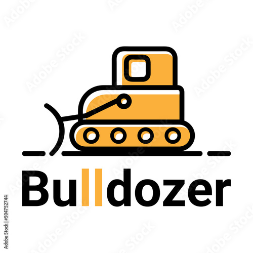 Bulldozer logo template in black and yellow. Heavy contruction equipment icon.
