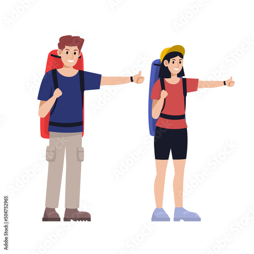 Backpacker, male and female traveler carrying a travel backpack thumbs up for hitchhiking, vector illustration