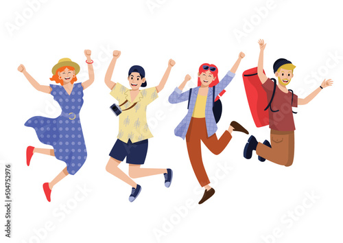 Four tourists jump in mid-air, vector illustration