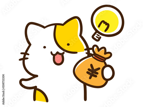 お金を持ってひらめくかわいいねこのキャラクターの手書き風イラスト