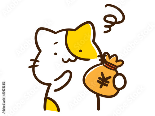 お金を持ってモヤモヤするかわいいねこの手書き風イラスト