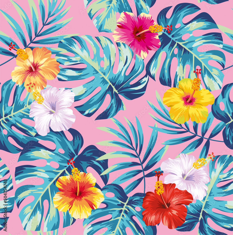 Tropical seamless pattern with palm leaves and exotic flowers. Floral summer design on a pink background. Vector illustration.