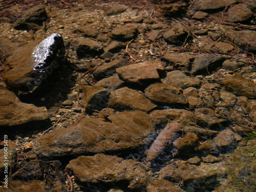 the bottom of the stream full of stones and red, dark silt as seen through the crystal clear water