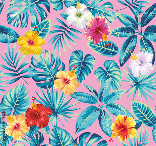 Tropical seamless pattern with palm leaves and exotic flowers. Floral summer design on a pink background. Vector illustration.