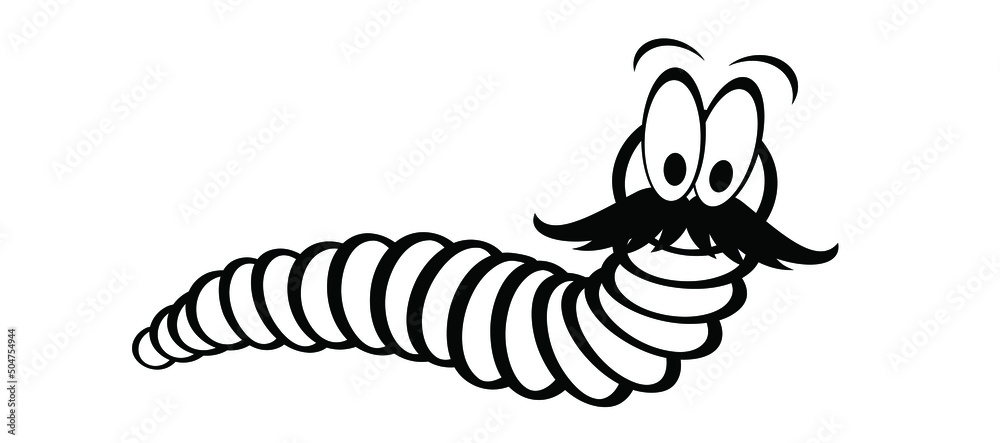 Cartoon happy worm with moustache or beard. crawling worm. Vector