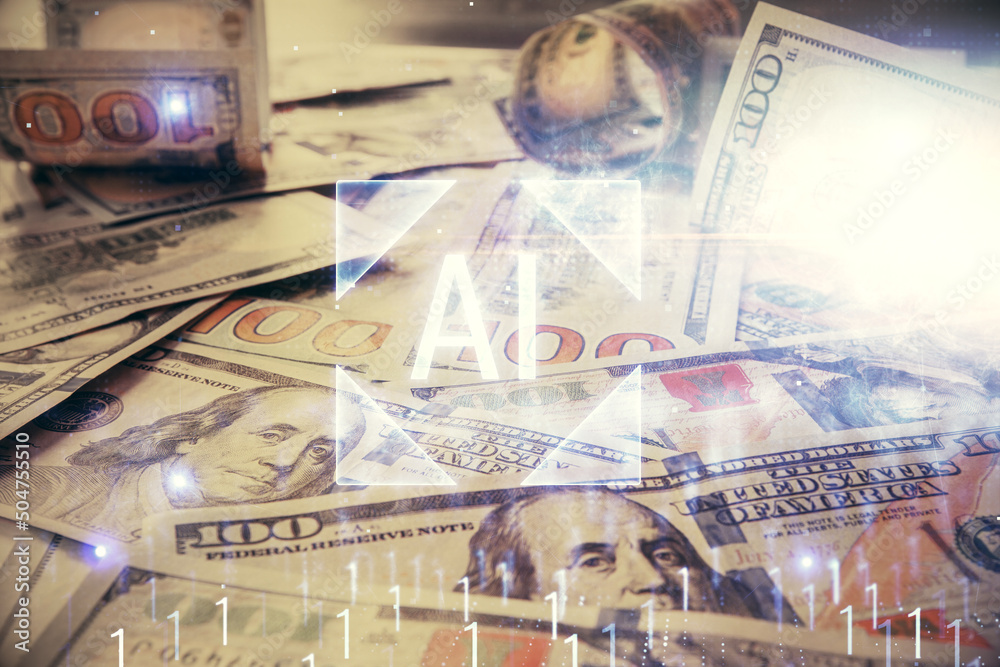 Double exposure of data theme drawing over us dollars bill background. Technology concept. Double exposure of data theme drawing over us dollars bill background. Technology concept.