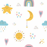 pattern with cute animals in pastel colors. Illustration for clothes, postcards, packaging.