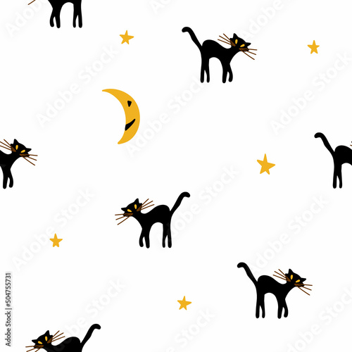 Vector seamless pattern for Halloween. Black cat and the moon. Bright cartoon pattern for Halloween