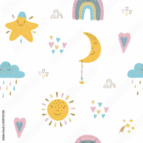 pattern with cute animals in pastel colors. Illustration for clothes, postcards, packaging.