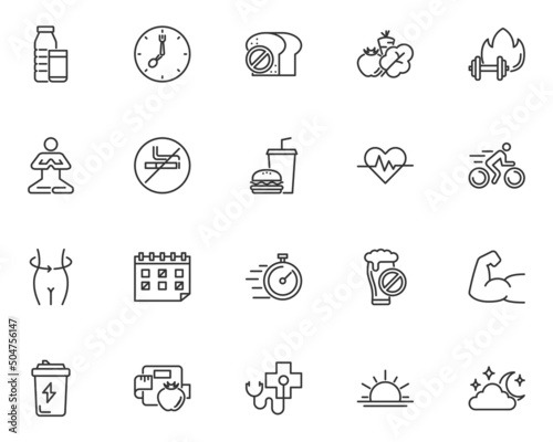 set of healthy life line icons, diet, fitness