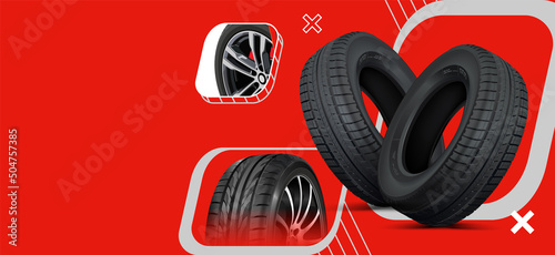 Red poster advertising a set of car wheels. Ready-made poster without text for the sale of wheels and rims. Internet banner layout for promotions. Challenging background. Window, street promo action.