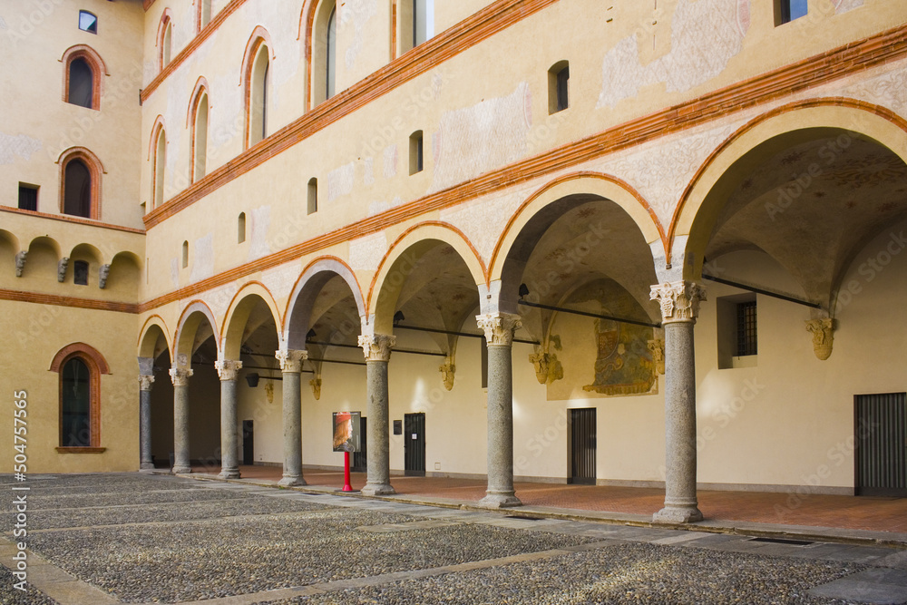 Medieval courtyard at Milan's Castello Sforzesco also known as Sforza Castle