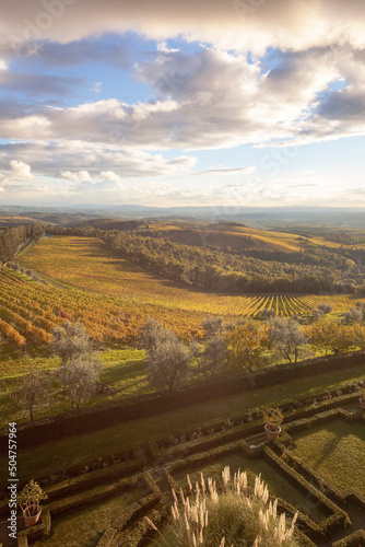 Brolio, Siena. Chianti vineyards' panorama from castle