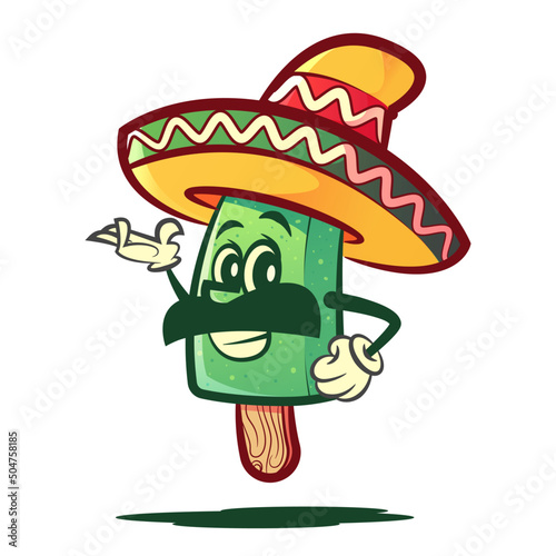 Cartoon mascot of a Mexican popsicle with an animated expression and vibrant colors. The design is cheerful and fun, with typical details, representing Mexican culture in a cute and eye-catching way