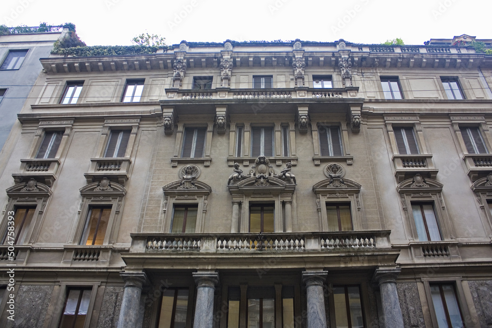 Impressive Art Nouveau building at Piazza Eleonora Duse (or Quadrilateral of silence) in Porta Venezia district in Milan
