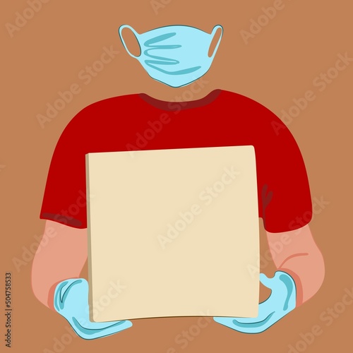 delivery man holding cardboard boxes in medical rubber gloves. Minimal outline concept. Vector illustration