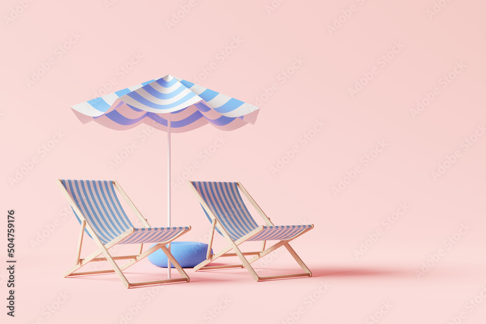 Beach umbrella with chairs on pink background. summer vacation concept. 3d rendering - obrazy, fototapety, plakaty 