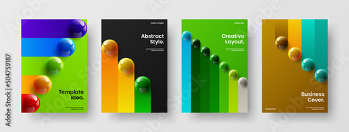 Colorful presentation A4 design vector layout composition. Trendy realistic balls corporate cover template bundle.