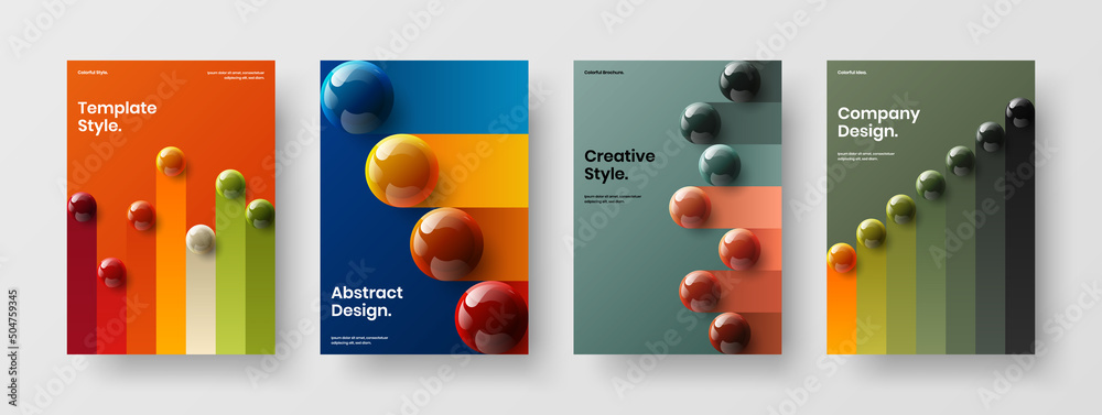Colorful company brochure vector design layout collection. Multicolored realistic spheres magazine cover template composition.