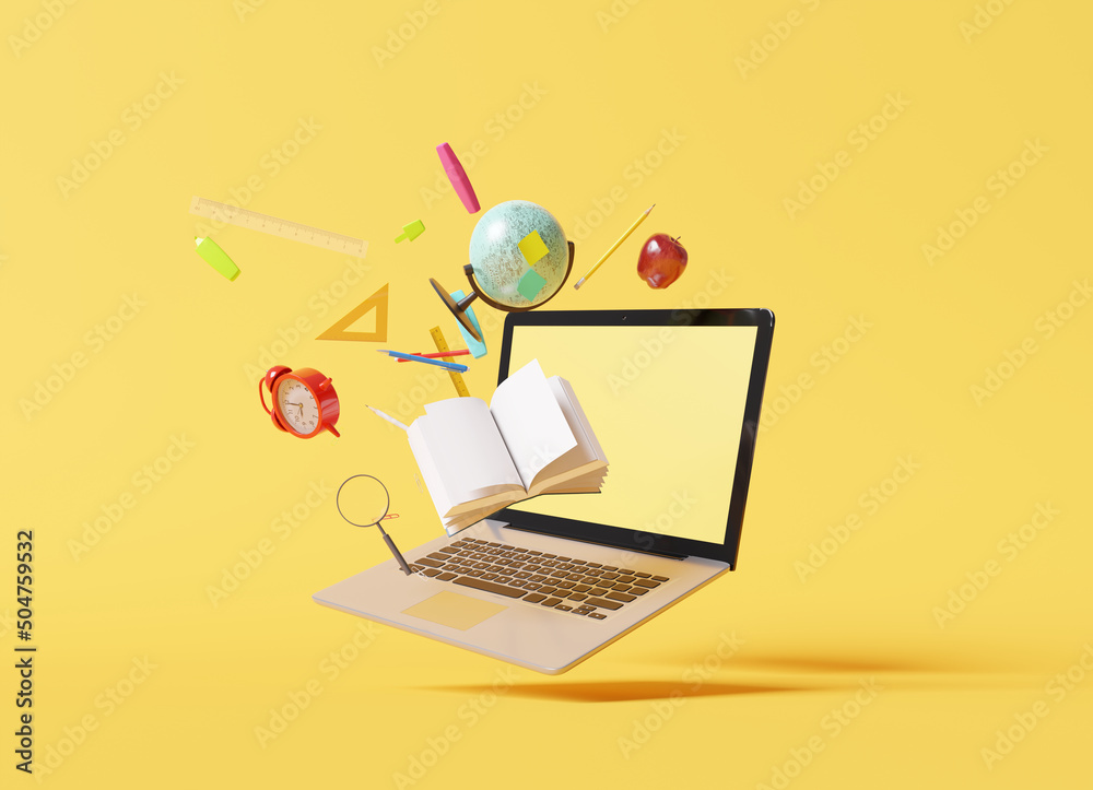 School supplies with laptop on blue background, Online education concept. 3d rendering - obrazy, fototapety, plakaty 