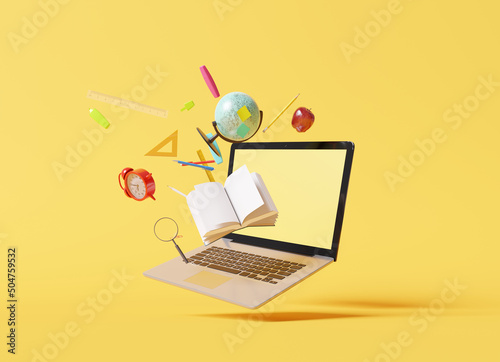 School supplies with laptop on blue background, Online education concept. 3d rendering