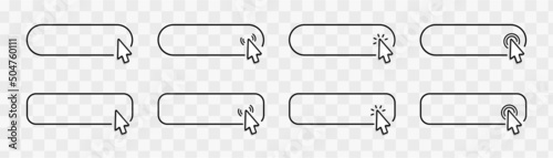 Click here web buttons with hand cursor. Set of action button click here with arrow pointer. Click button. Modern action button mouse click symbol. Computer mouse click cursor or Hand pointer symbol.