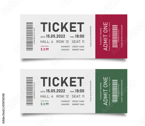 Theater and cinema tickets with text and barcode on red and green background