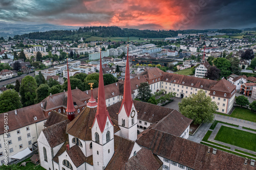 aerial view over a old swiss monastery 