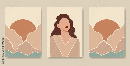 Poster set with female silhouette with retro mountains.