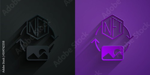 Paper cut NFT Digital crypto art icon isolated on black on purple background. Non fungible token. Paper art style. Vector