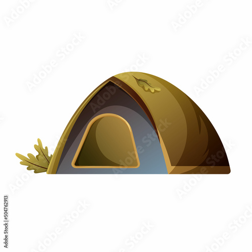 Tourist tent, vector illustration on isolated transparent background. Camping in the forest, oak leaves. For banner, poster, sticker, website, social media