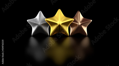 3D Shiny Metal Illustration Gold Silver Bronze Stars Isolated on Black Reflective Horizontal Background 