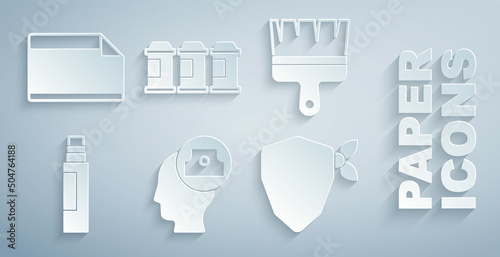 Set Spray can nozzle cap, Paint brush, Marker pen, Vandal, spray and Paper adhesive sticker icon. Vector