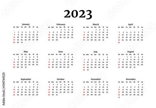 Calendar for 2023 isolated on a white background